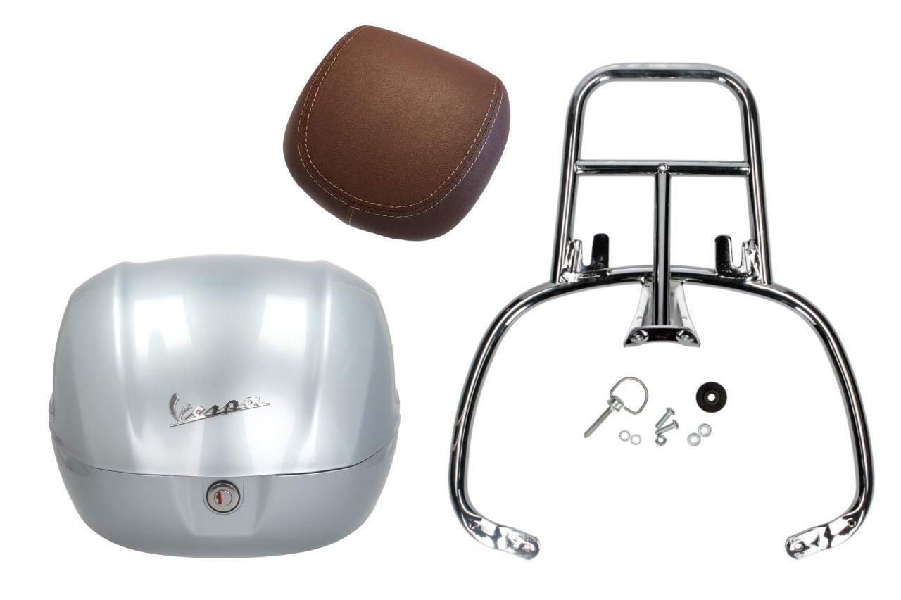 Kit bauletto 32L grigio lucido metallizzato, cuscino posteriore marrone scuro, portapacchi cromato per Primavera