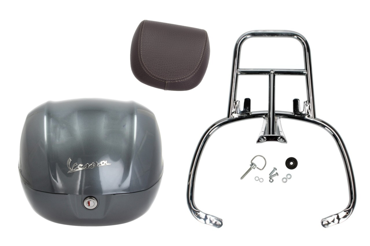 Kit bauletto 32L grigio titanio (G03), cuscino posteriore marrone, portapacchi cromato per Primavera