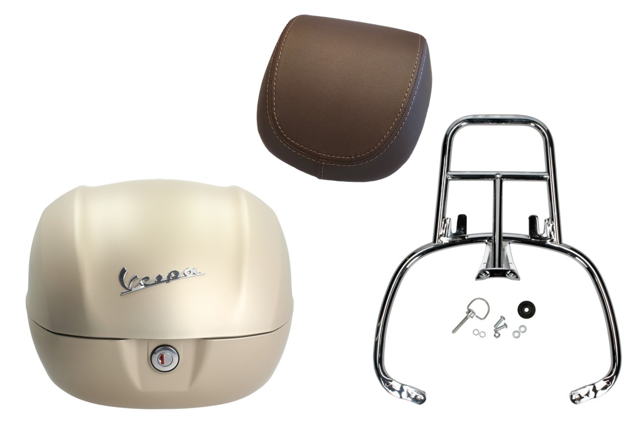 Kit bauletto 32L beige unico opaco (516/A), cuscino posteriore marrone, portapacchi cromato per Primavera