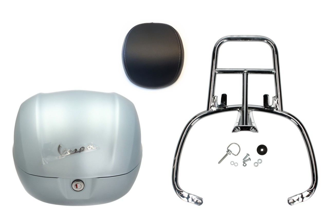 Kit bauletto 32L grigio blu opaco (G02), cuscino posteriore nero, portapacchi cromato per Primavera