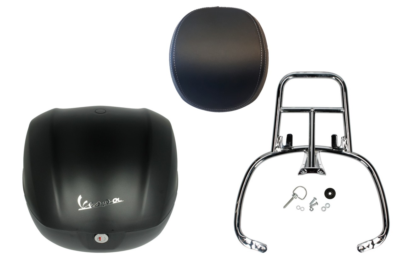 Kit bauletto 32L nero opaco (99/C), cuscino posteriore nero, portapacchi cromato per Primavera