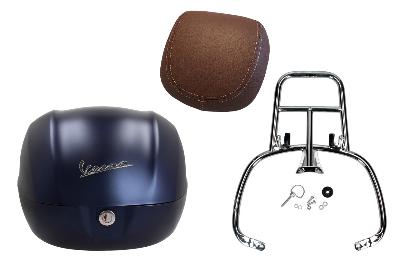 Kit bauletto 32L blu profondo opaco (288/A), cuscino posteriore marrone scuro per Vespa Primavera
