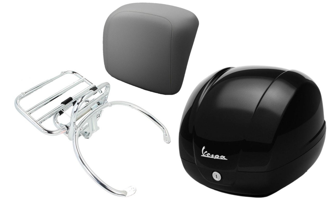 Kit bauletto 36L nero cosmo (98/A), portapacchi cromato, cuscino posteriore grigio per GTS 125/300/310
