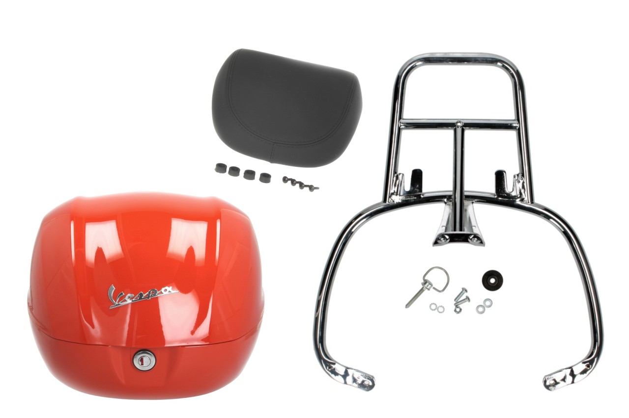 Kit bauletto 32L arancione impulsivo (A11), cuscino posteriore nero, portapacchi cromato per Primavera