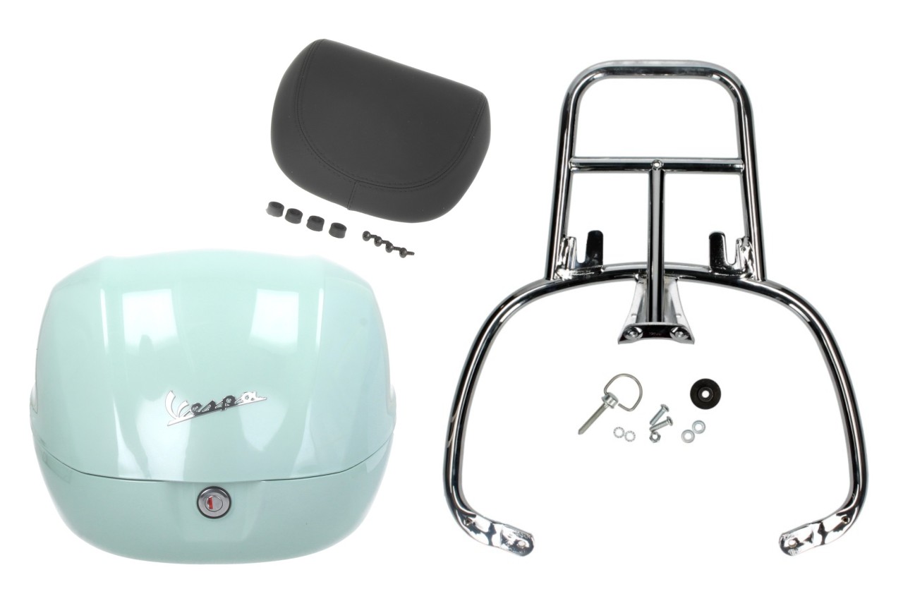 Kit bauletto 32L latte menta (350/A), cuscino posteriore nero, portapacchi cromato per Primavera