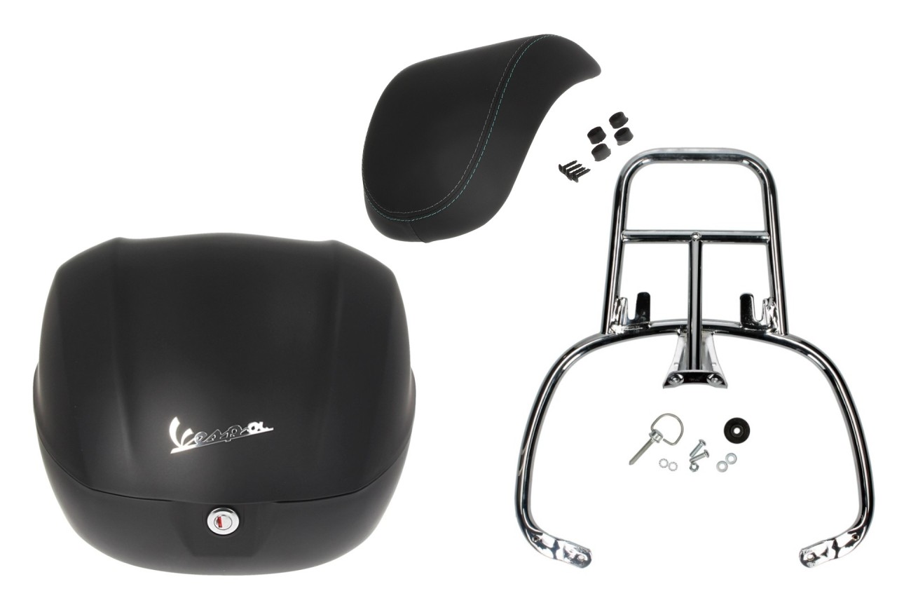 Kit bauletto da 32 litri nero opaco, imbottitura per la schiena nera, portapacchi cromato per Primavera/Sprint