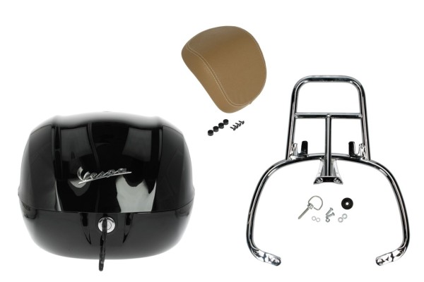 Kit bauletto 32L nero cosmo (98/A), cuscino posteriore beige per Vespa Sprint / Primavera